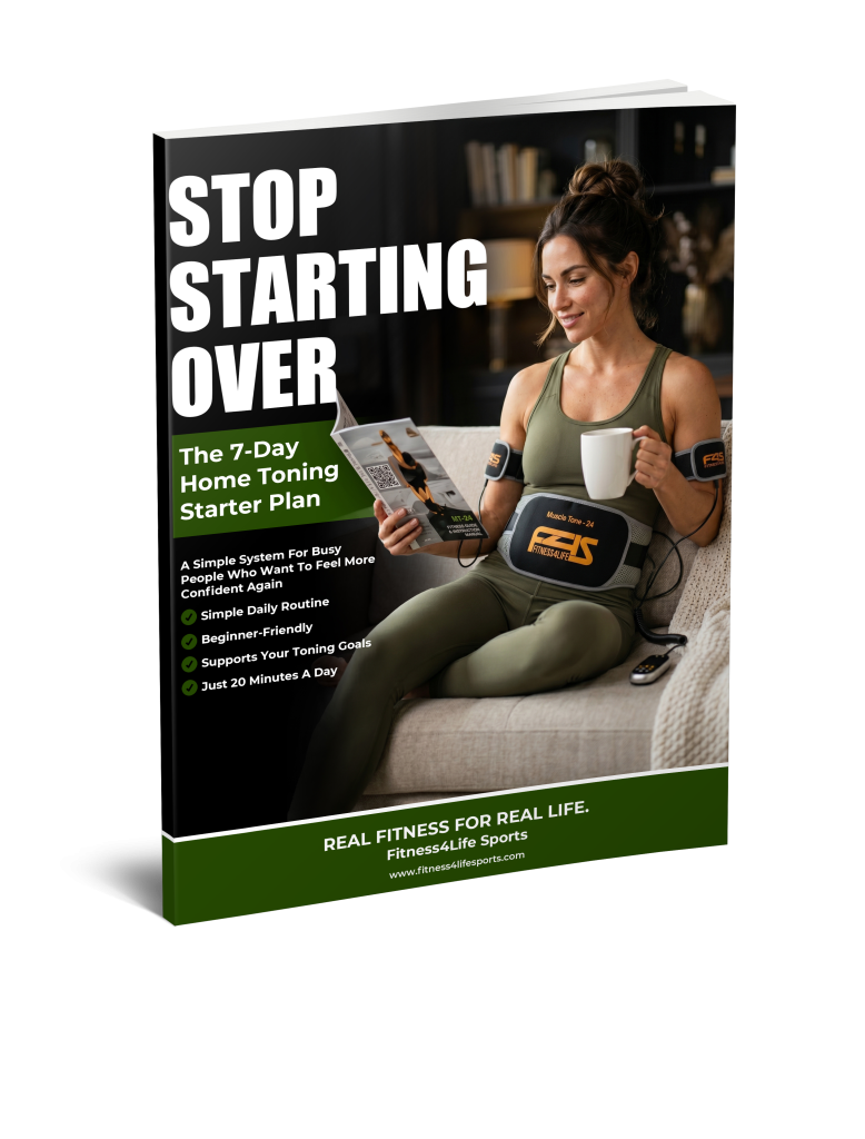 Book cover featuring a woman wearing a fitness device, reading a magazine with bold title 'STOP STARTING OVER' and green subtitle 'The 7-Day Home Toning Starter Plan'